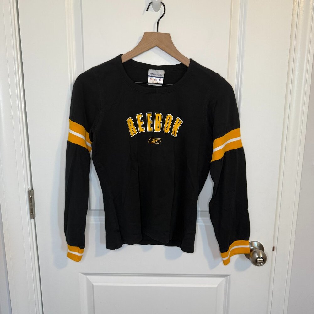 VTG Reebok Long Sleeve T Shirt‎ Youth Size Large Yellow Black 100% Cotton 90’s